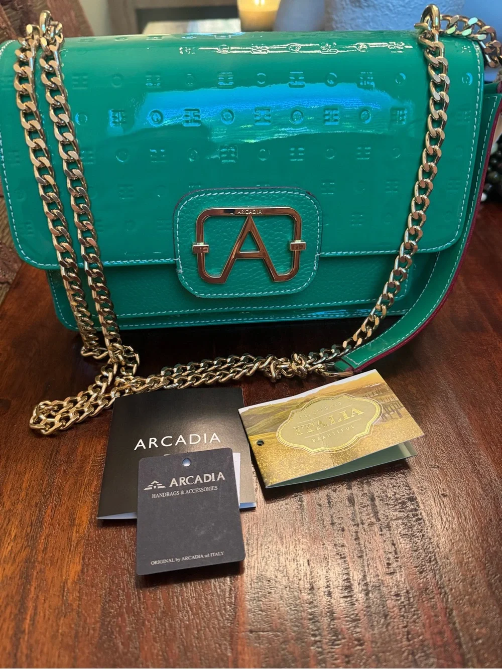 Arcadia Emerald Green Patent Leather Chain Crossbody Bag - Picture 3 of 3
